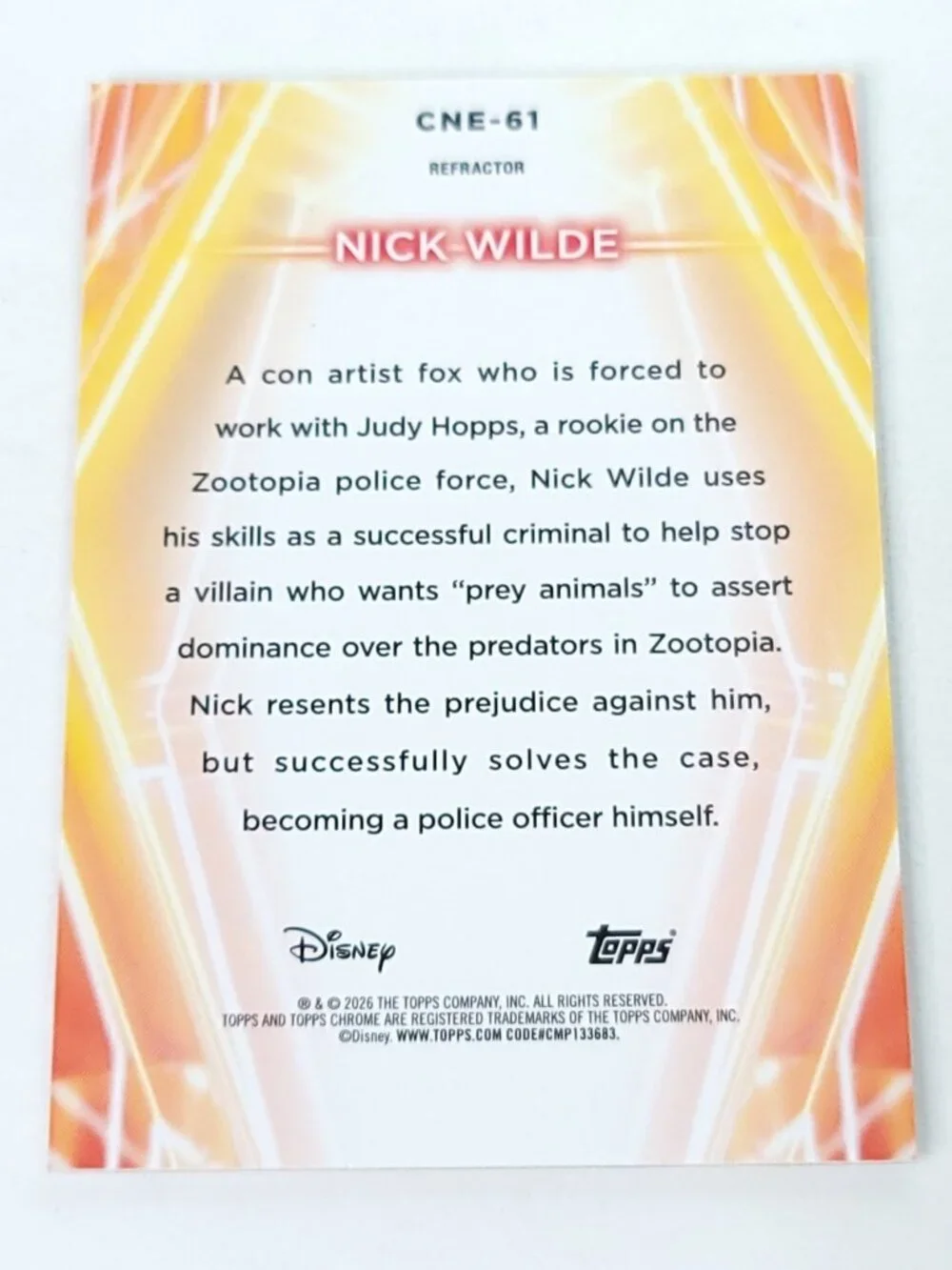 Nick Wilde Topps 2026 Disney Neon Holo Chrome Refractor Limited 150/199 CNE